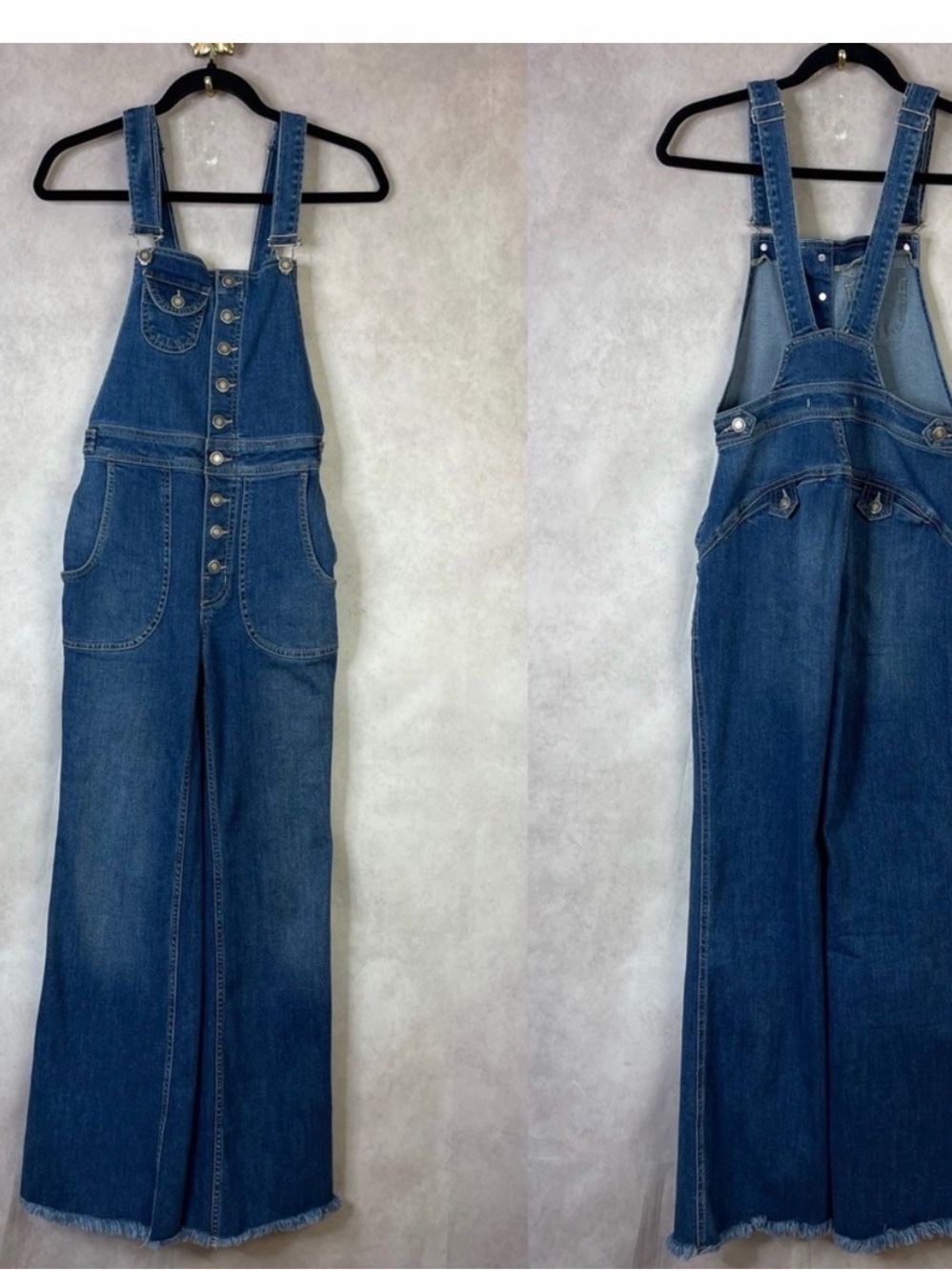 Free People Wide Boot Leg Raw Hem Button Fly Boyfriend Overall Dungarees Size 25